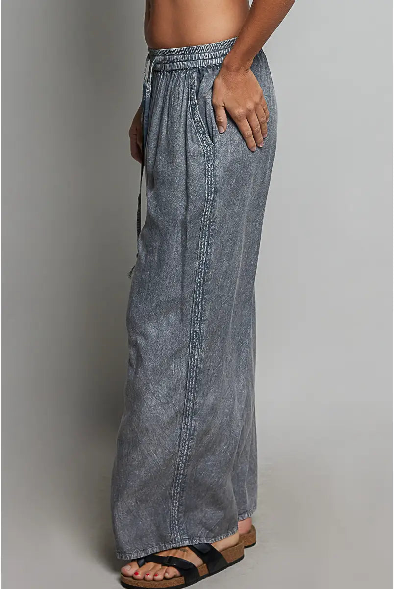 Vintage Washed trim Tassel Wide Leg Pants-Pants-Pol Clothing-Stuffology - Where Vintage Meets Modern, A Boutique for Real Women in Crosbyton, TX