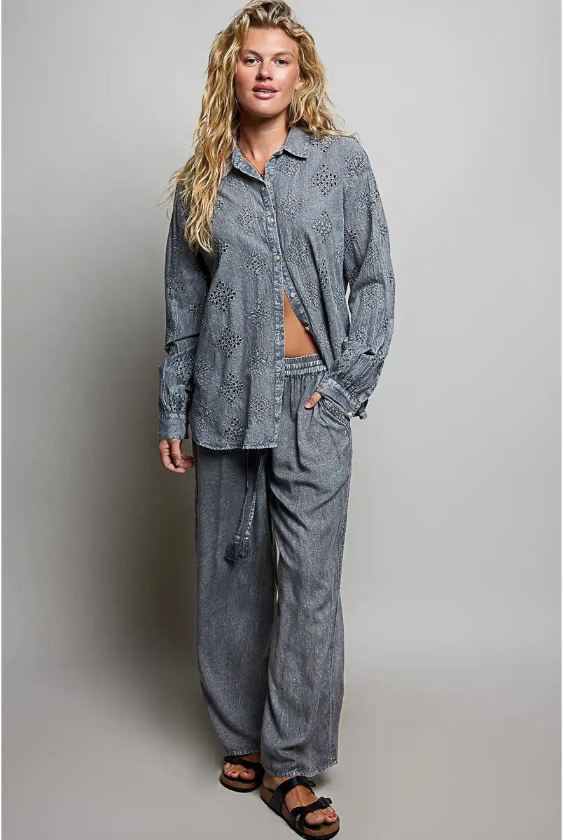 Vintage Washed trim Tassel Wide Leg Pants-Pants-Pol Clothing-Stuffology - Where Vintage Meets Modern, A Boutique for Real Women in Crosbyton, TX