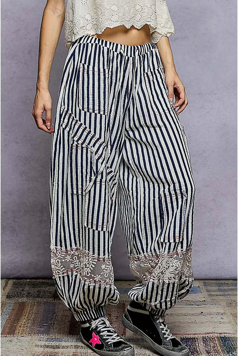Navy Stripe Double Gauze Pants-Pants-POL Clothing-Stuffology - Where Vintage Meets Modern, A Boutique for Real Women in Crosbyton, TX