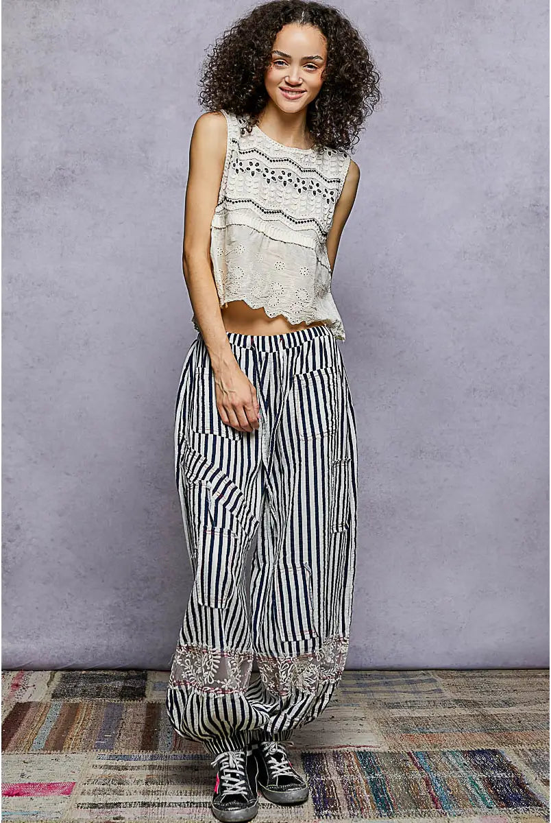 Navy Stripe Double Gauze Pants-Pants-POL Clothing-Stuffology - Where Vintage Meets Modern, A Boutique for Real Women in Crosbyton, TX