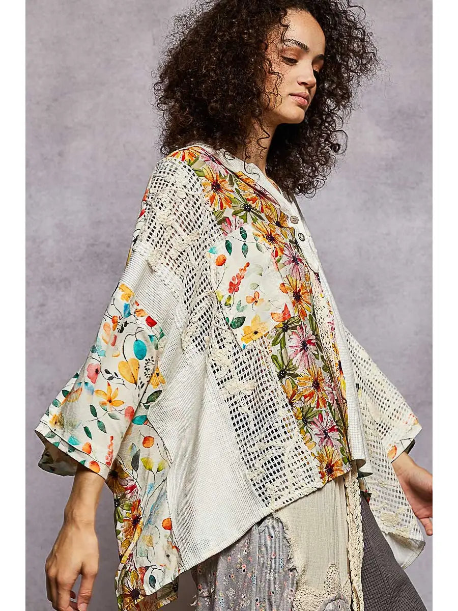 POL Clothing Oversize Thermal Crochet Patch Top – Ivory Floral-Top-POL Clothing-Stuffology - Where Vintage Meets Modern, A Boutique for Real Women in Crosbyton, TX