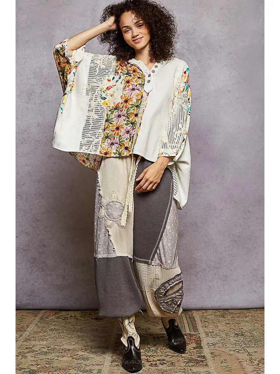 POL Clothing Oversize Thermal Crochet Patch Top – Ivory Floral-Top-POL Clothing-Stuffology - Where Vintage Meets Modern, A Boutique for Real Women in Crosbyton, TX