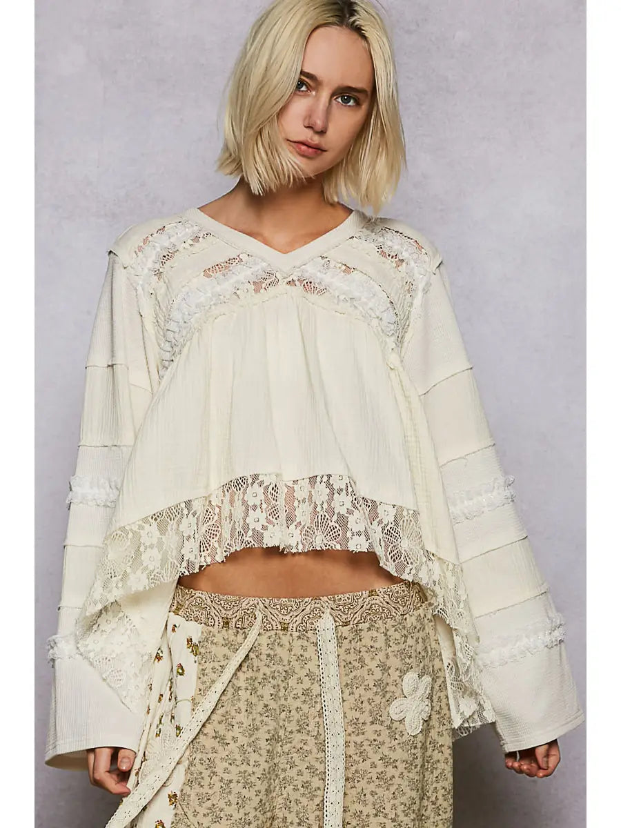 V-Neck Double Gauze Lace Detail A-Line Woven Top-Top-Pol Clothing-Stuffology - Where Vintage Meets Modern, A Boutique for Real Women in Crosbyton, TX