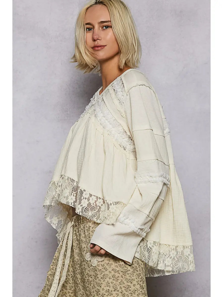 V-Neck Double Gauze Lace Detail A-Line Woven Top-Top-Pol Clothing-Stuffology - Where Vintage Meets Modern, A Boutique for Real Women in Crosbyton, TX