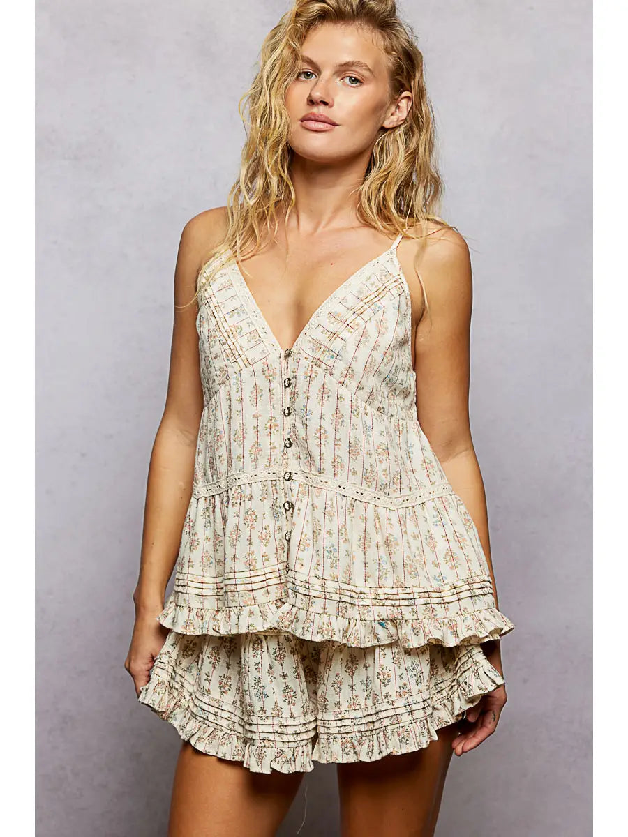 Floral Cotton Pintuck Ruffle Button Down Cami Top – Almond-Tank Tops-POL Clothing-Stuffology - Where Vintage Meets Modern, A Boutique for Real Women in Crosbyton, TX