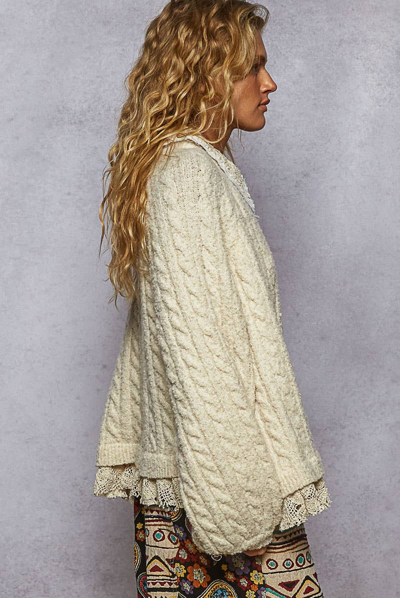 Collar neck double gauze crochet patch solid sweater top - POL Clothing-Sweaters-Pol Clothing-Stuffology - Where Vintage Meets Modern, A Boutique for Real Women in Crosbyton, TX