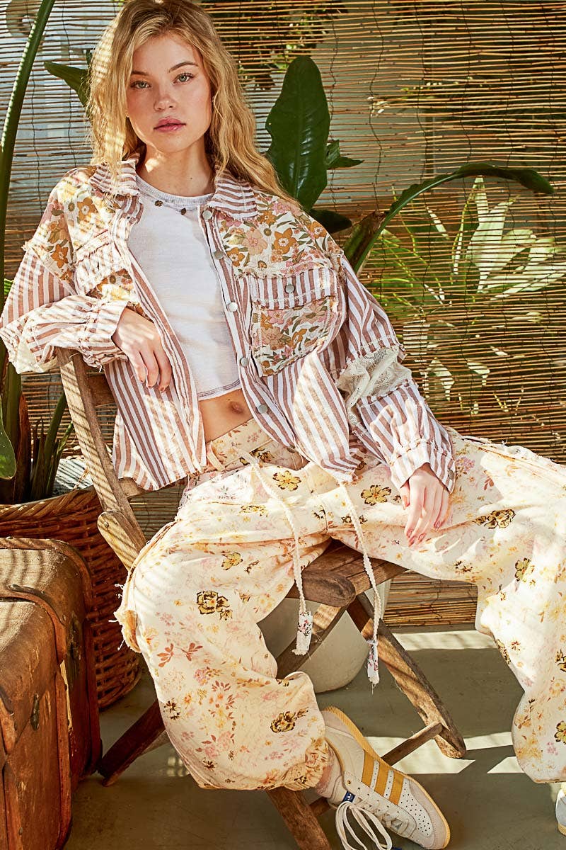 POL Clothing Balloon Sleeve Stripe Denim Shacket /Jacket-Shirt / Jacket-Pol Clothing-Stuffology - Where Vintage Meets Modern, A Boutique for Real Women in Crosbyton, TX