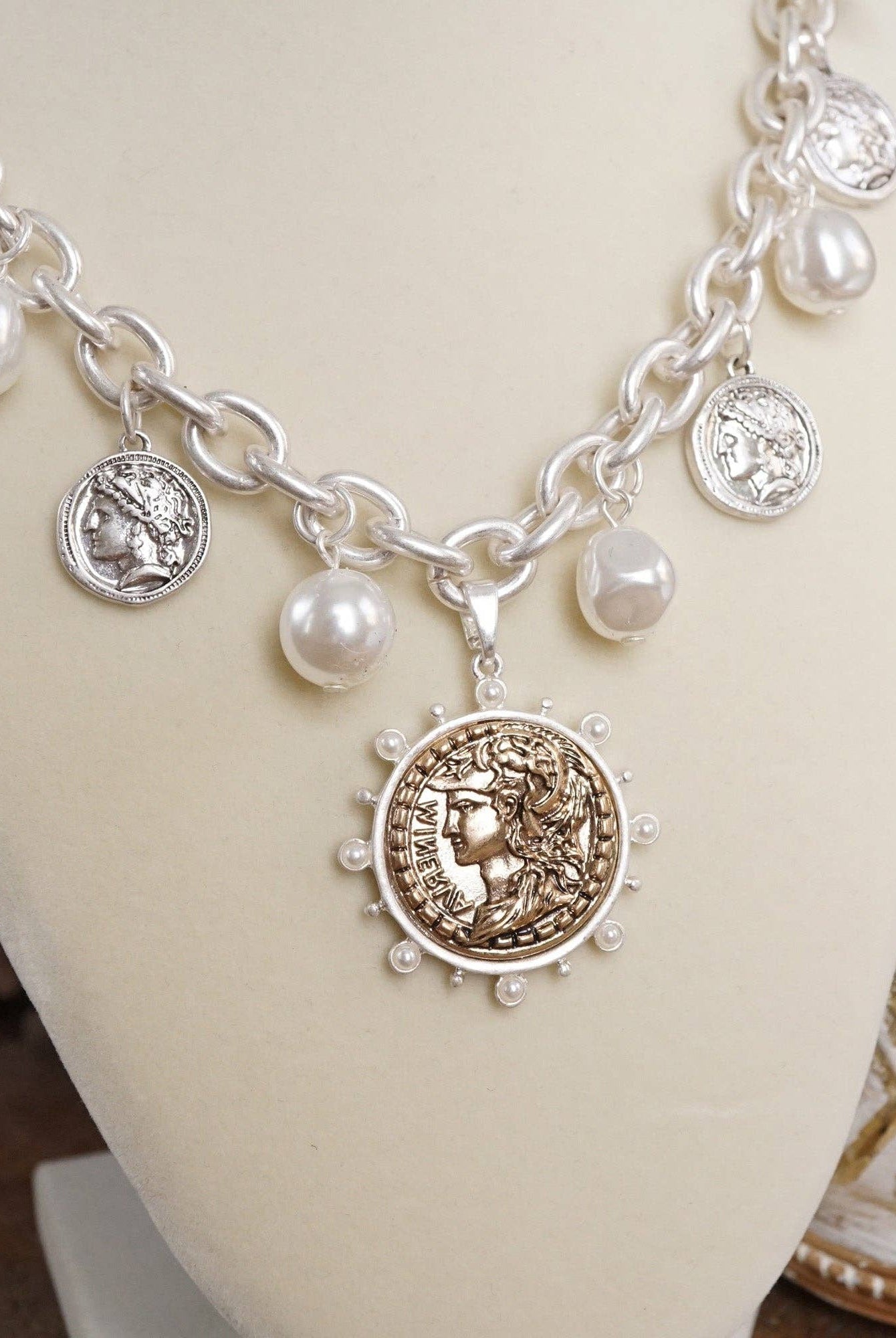 Boho Coin and Pearl Charms Statement Necklace – Gold and Silver Tone-PennyLine inc-Stuffology - Where Vintage Meets Modern, A Boutique for Real Women in Crosbyton, TX