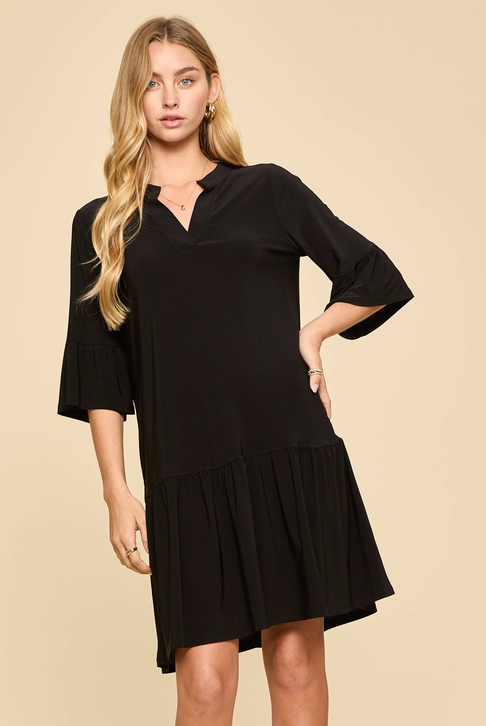 Shirred Tiered Relaxed 3/4 Sleeve Dress-Dresses-Dear Scarlett-Stuffology - Where Vintage Meets Modern, A Boutique for Real Women in Crosbyton, TX