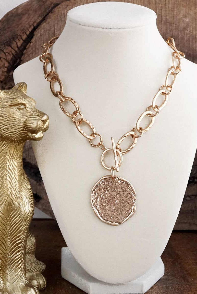Nomad Glow – Front Toggle Statement Necklace with Hammered Disc-Necklaces-PennyLine inc-Stuffology - Where Vintage Meets Modern, A Boutique for Real Women in Crosbyton, TX