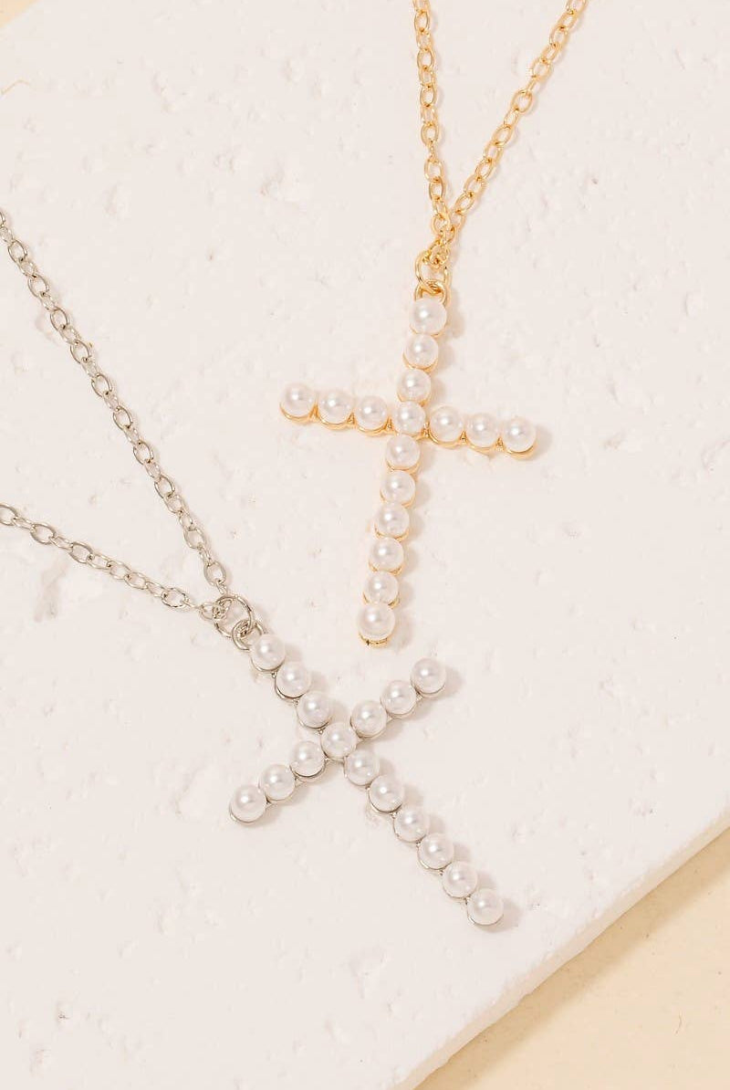 Pearl Cross Pendant Necklace-Necklaces-The Looks by Fame Accessories-Stuffology - Where Vintage Meets Modern, A Boutique for Real Women in Crosbyton, TX