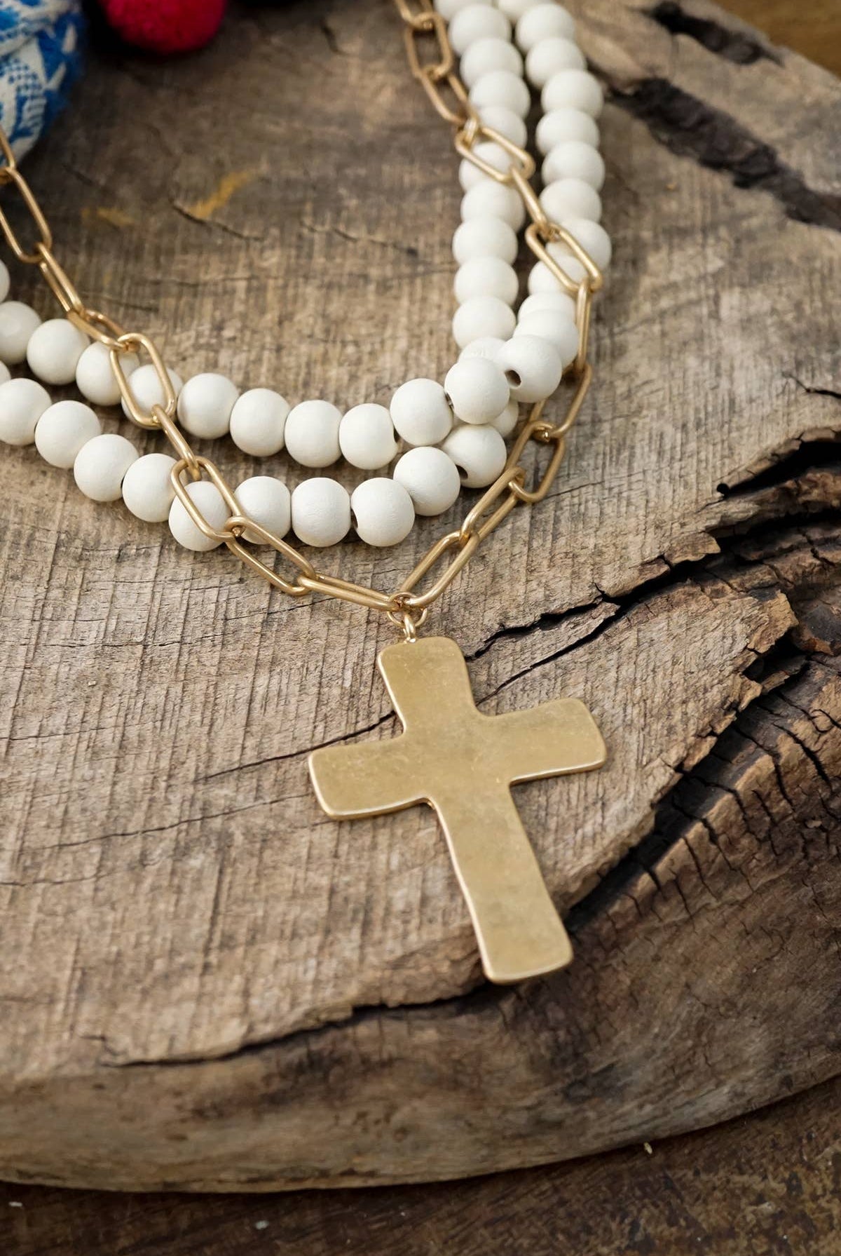 Multi Strand Wood Beads Short Statement Cross Necklace Cream-Necklaces-PennyLine inc-Stuffology - Where Vintage Meets Modern, A Boutique for Real Women in Crosbyton, TX