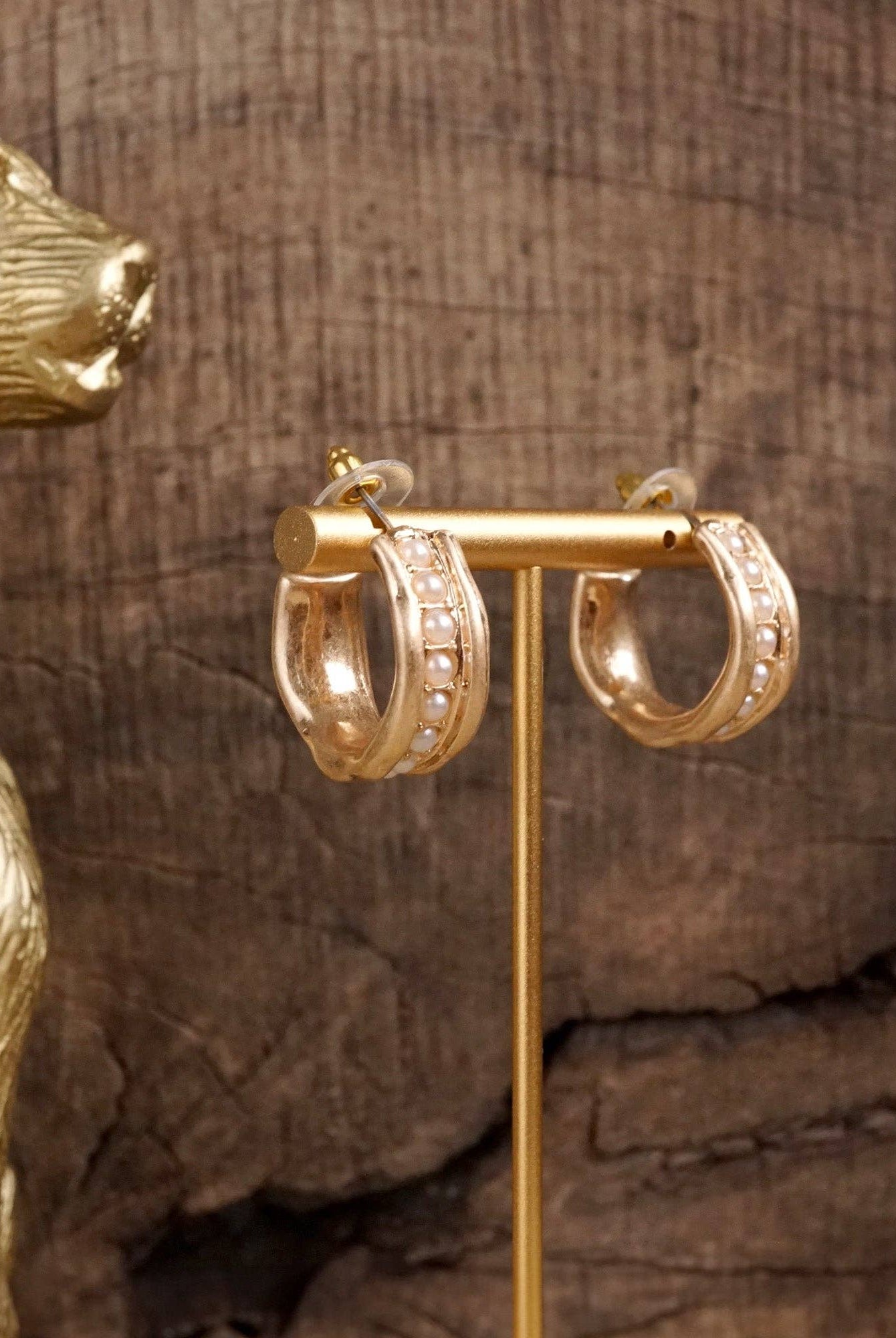 Minimalist Hoops with Faux Pearls or Turquoise – Brushed Gold-Earrings-PennyLine inc-Stuffology - Where Vintage Meets Modern, A Boutique for Real Women in Crosbyton, TX