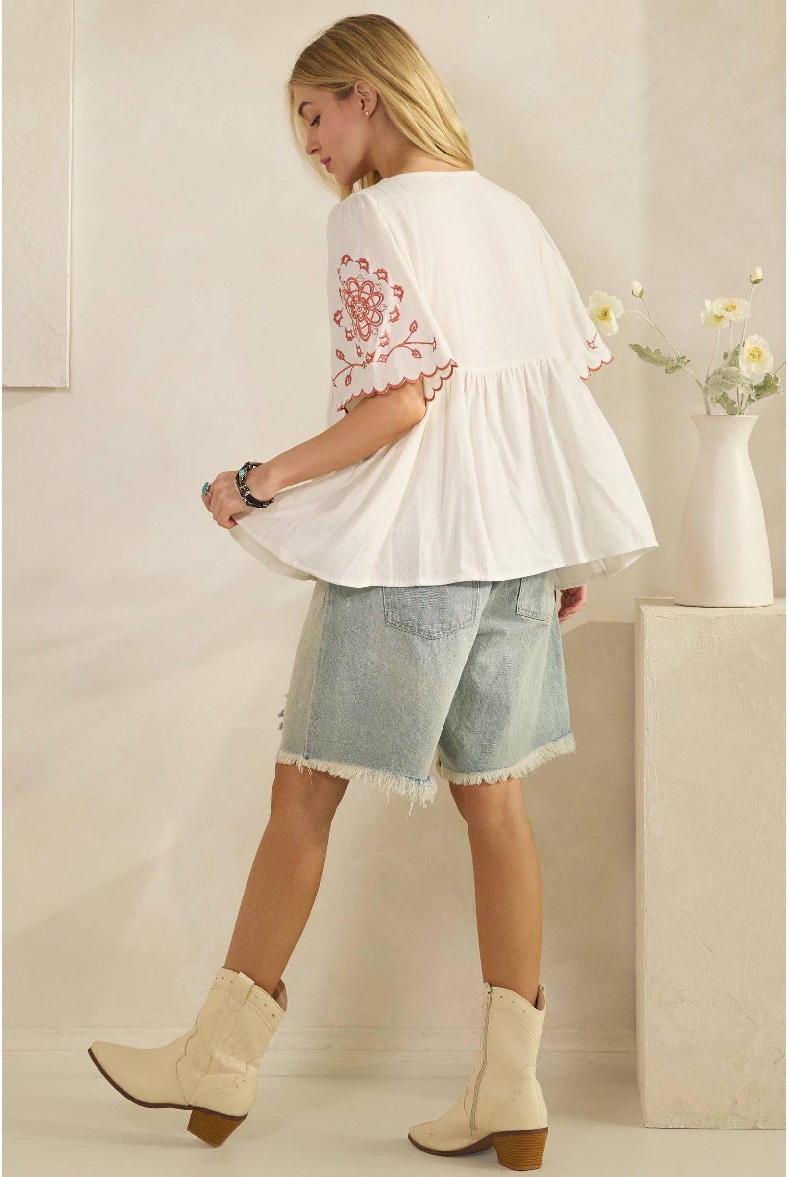 SCALLOPED BOHO EMBROIDERED BLOUSE (ST7681)-Sage + Fig-Stuffology - Where Vintage Meets Modern, A Boutique for Real Women in Crosbyton, TX