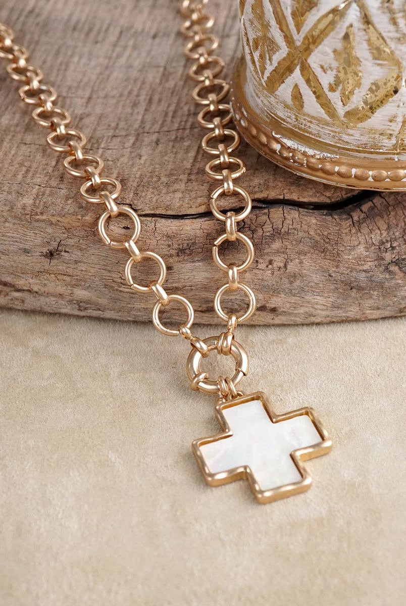 Luminous Cross – Mother of Pearl Charm Necklace-Necklaces-PennyLine inc-Stuffology - Where Vintage Meets Modern, A Boutique for Real Women in Crosbyton, TX