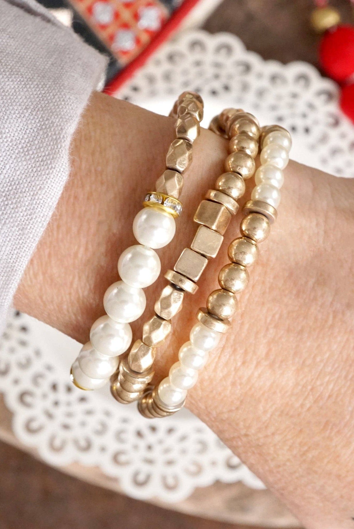 Pearls and Antique Gold Beaded Bracelet Set-Bracelets-PennyLine inc-Stuffology - Where Vintage Meets Modern, A Boutique for Real Women in Crosbyton, TX