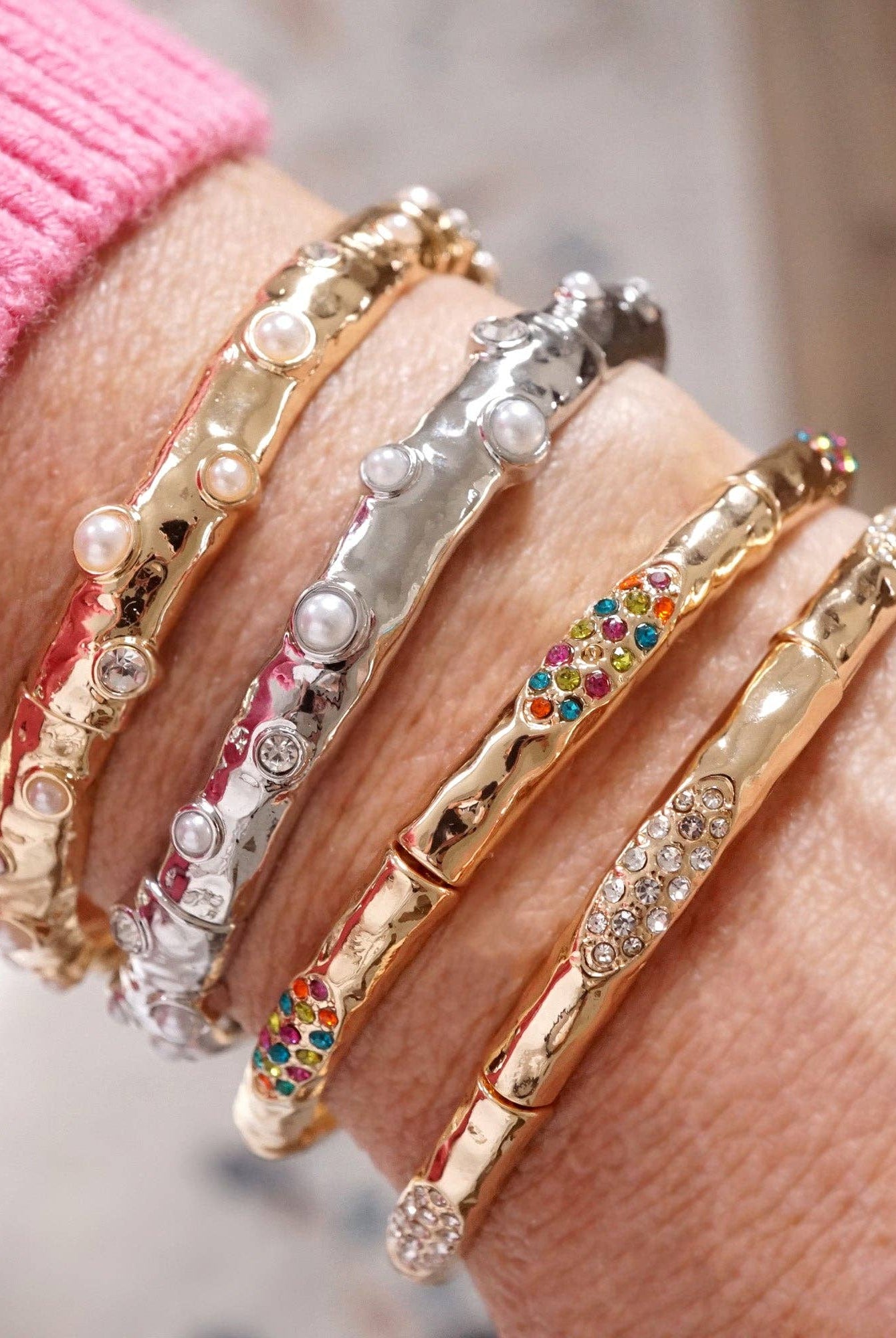 Stretchy Stackable Bangle Pearls and Rhinestones Gold or Silver Tone-PennyLine inc-Stuffology - Where Vintage Meets Modern, A Boutique for Real Women in Crosbyton, TX