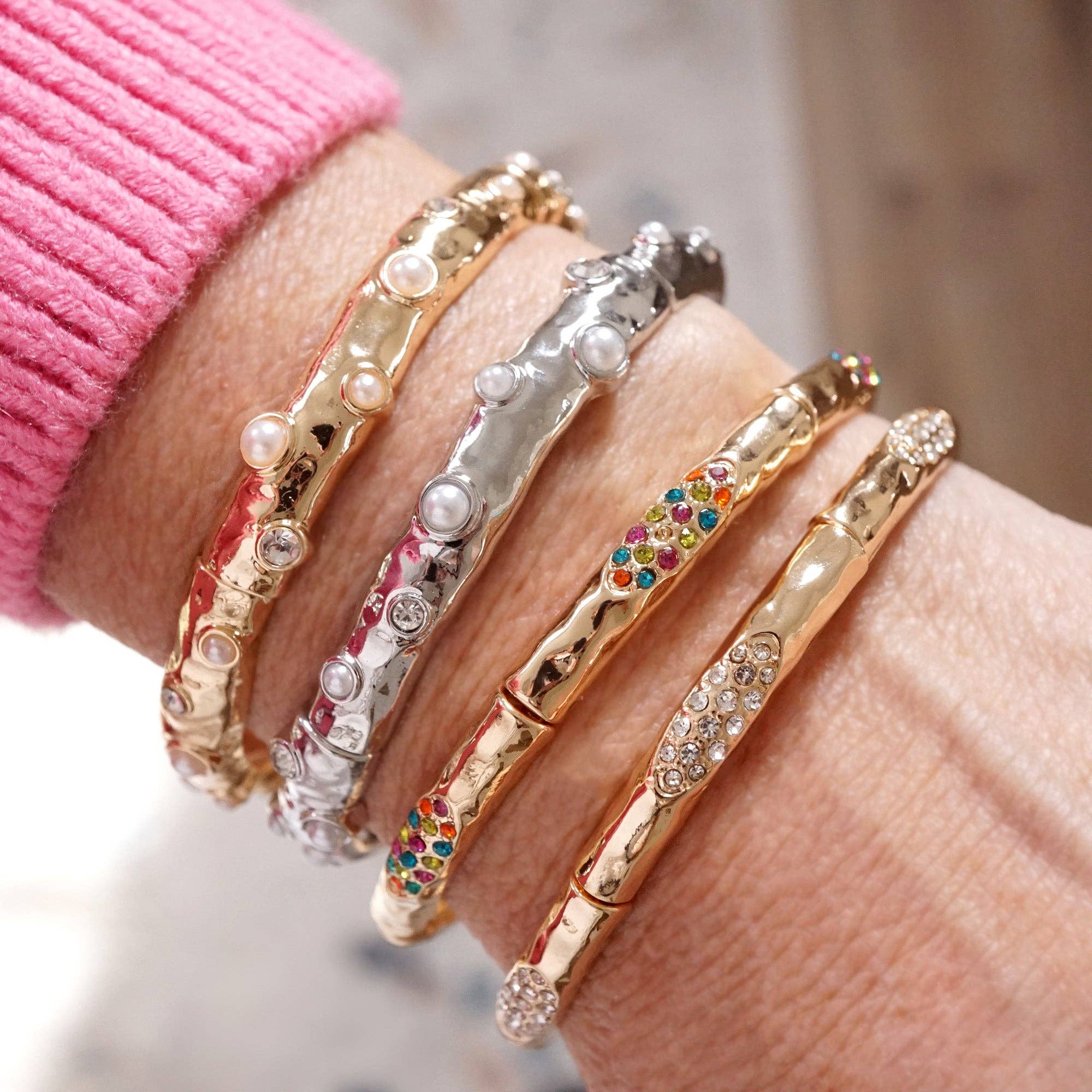 Stretchy Stackable Bangle Pearls and Rhinestones Gold or Silver Tone-PennyLine inc-Stuffology - Where Vintage Meets Modern, A Boutique for Real Women in Crosbyton, TX