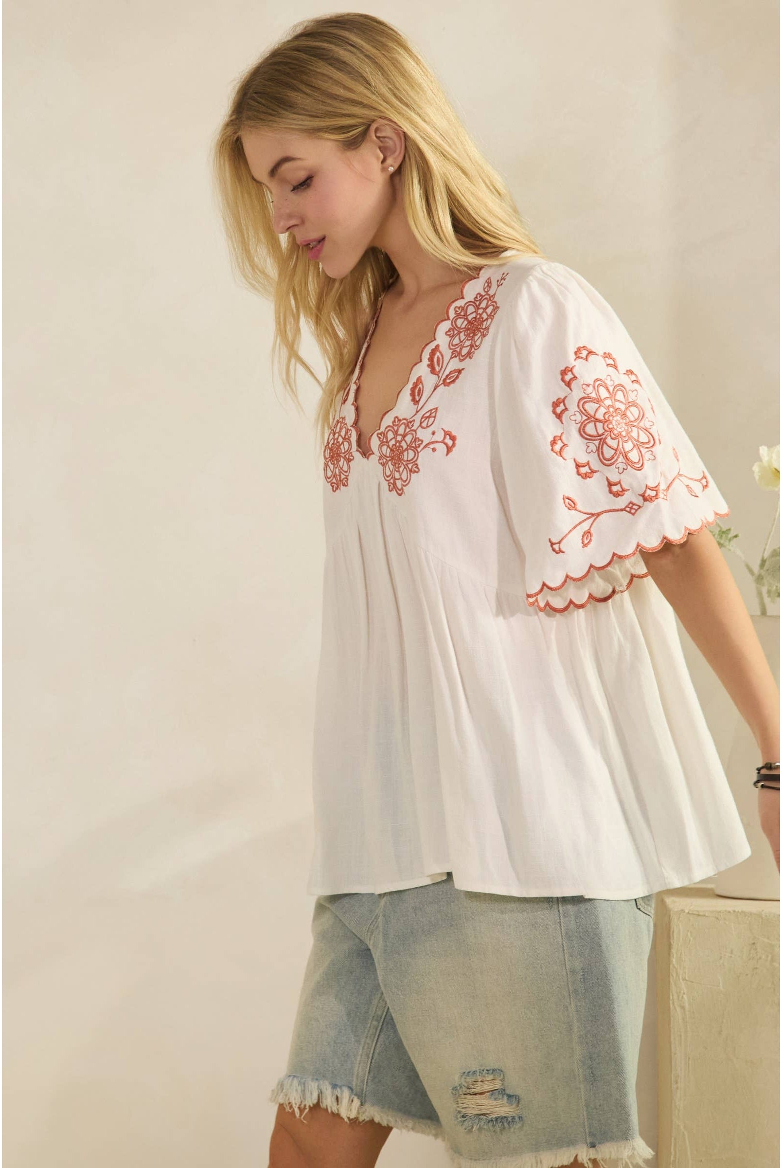 SCALLOPED BOHO EMBROIDERED BLOUSE (ST7681)-Sage + Fig-Stuffology - Where Vintage Meets Modern, A Boutique for Real Women in Crosbyton, TX