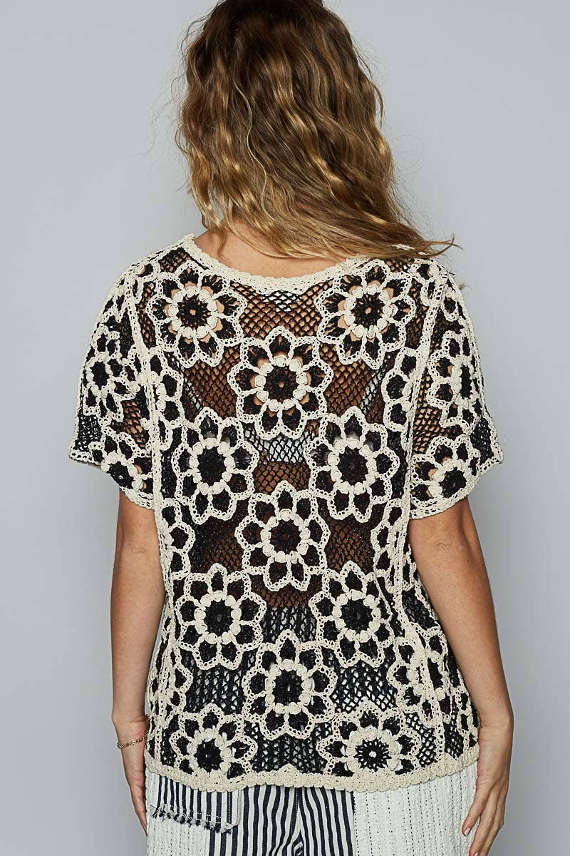 POL Clothing Round neck short sleeve crochet knit top-Top-Pol Clothing-Stuffology - Where Vintage Meets Modern, A Boutique for Real Women in Crosbyton, TX