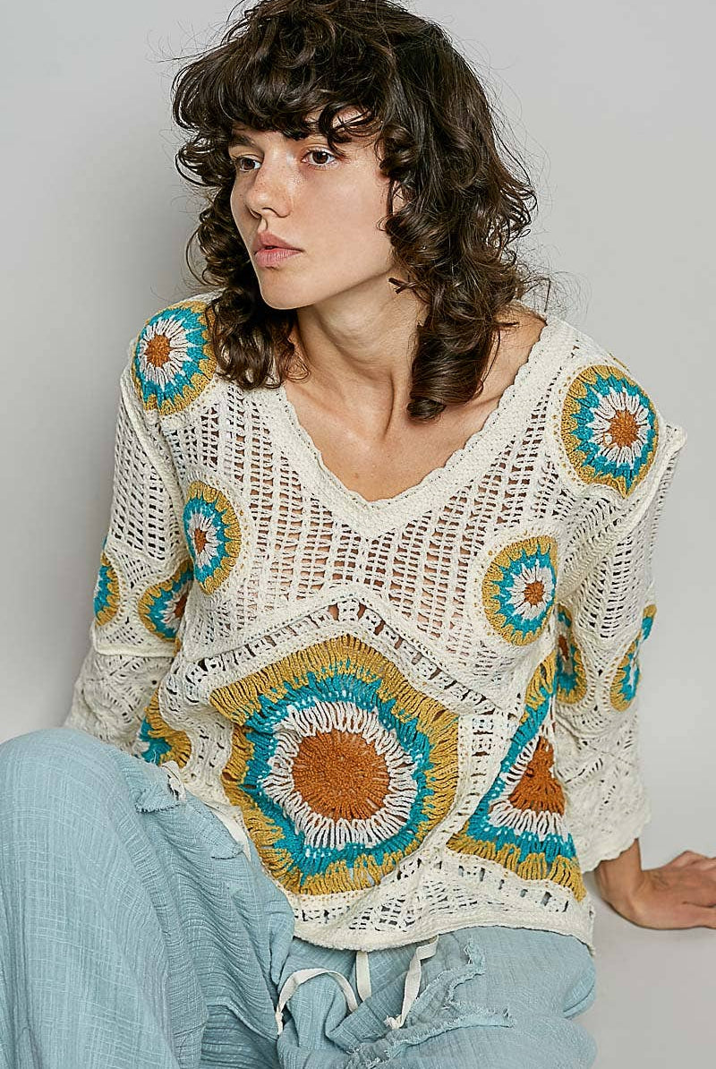 V-Neck Granny Circle Motif Scalloped Edge Crochet Top-Crochet Top-Pol Clothing-Stuffology - Where Vintage Meets Modern, A Boutique for Real Women in Crosbyton, TX
