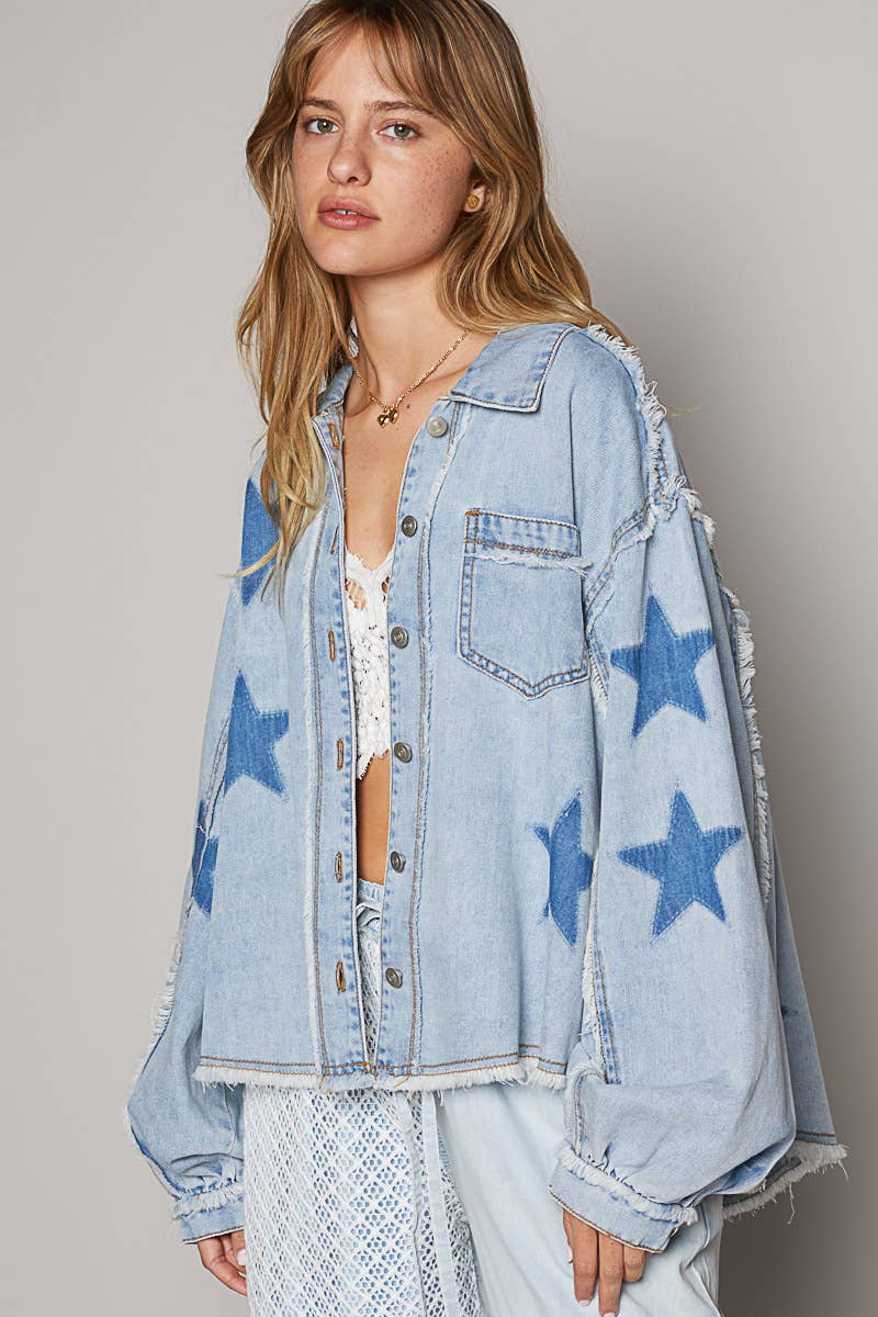 Oversize star prints raw edge denim shacket-Jackets-Pol Clothing-Stuffology - Where Vintage Meets Modern, A Boutique for Real Women in Crosbyton, TX