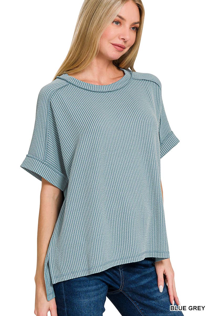 Corded Rib Short Cuff Sleeve Raw Edge Top-TOP-Stuffology Boutique-Stuffology - Where Vintage Meets Modern, A Boutique for Real Women in Crosbyton, TX