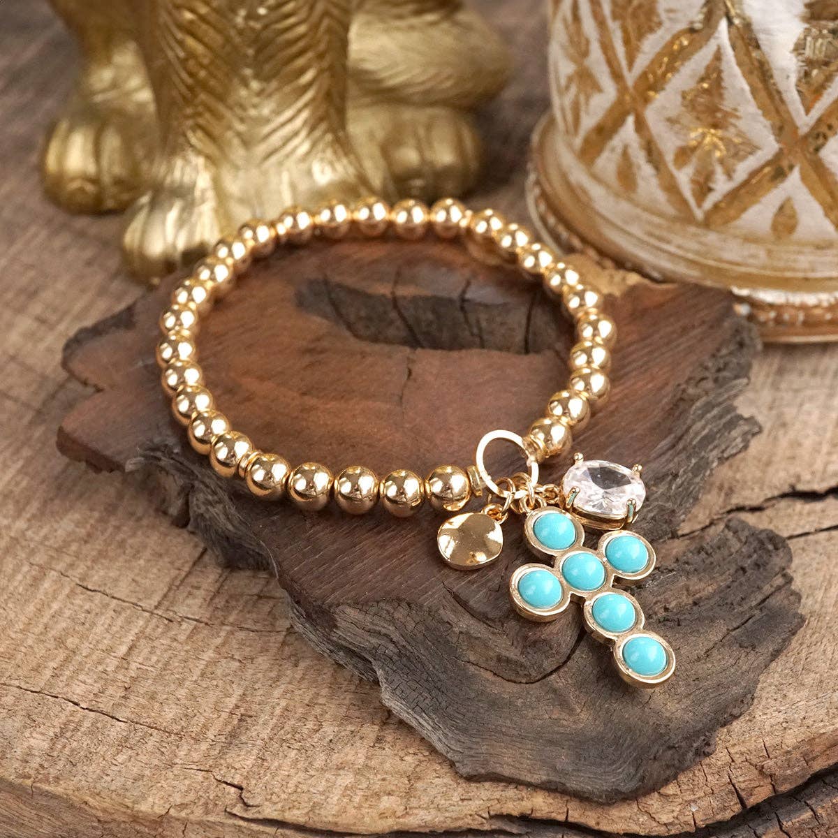 Golden Keepsakes – Charm Cluster Stretch Bracelet with Beads & Stones-Bracelets-PennyLine inc-Stuffology - Where Vintage Meets Modern, A Boutique for Real Women in Crosbyton, TX