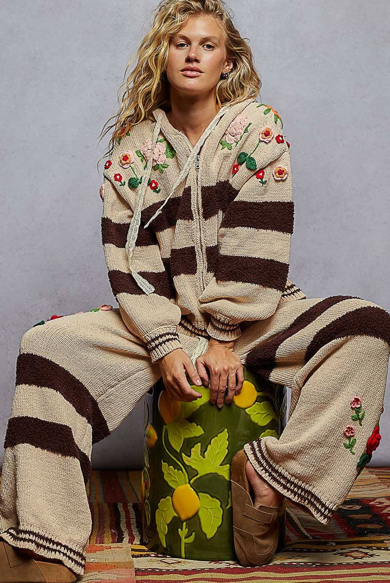 POL Clothing - Striped pattern 3D embroidered hoodie zip-up sweater top-Pol Clothing-Stuffology - Where Vintage Meets Modern, A Boutique for Real Women in Crosbyton, TX