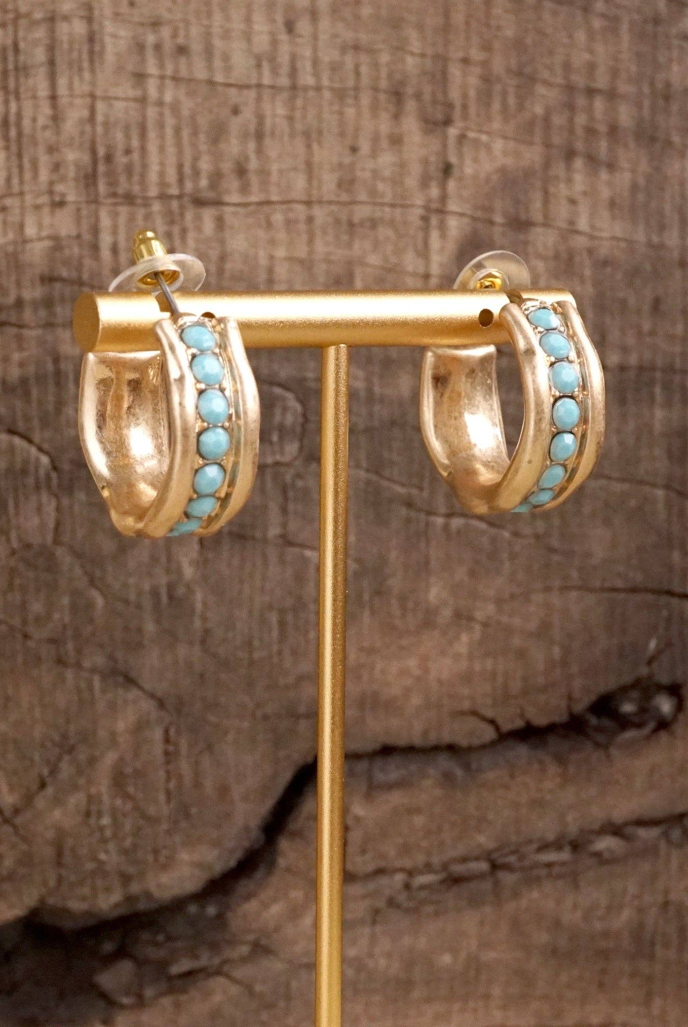 Minimalist Hoops with Faux Pearls or Turquoise – Brushed Gold-Earrings-PennyLine inc-Stuffology - Where Vintage Meets Modern, A Boutique for Real Women in Crosbyton, TX