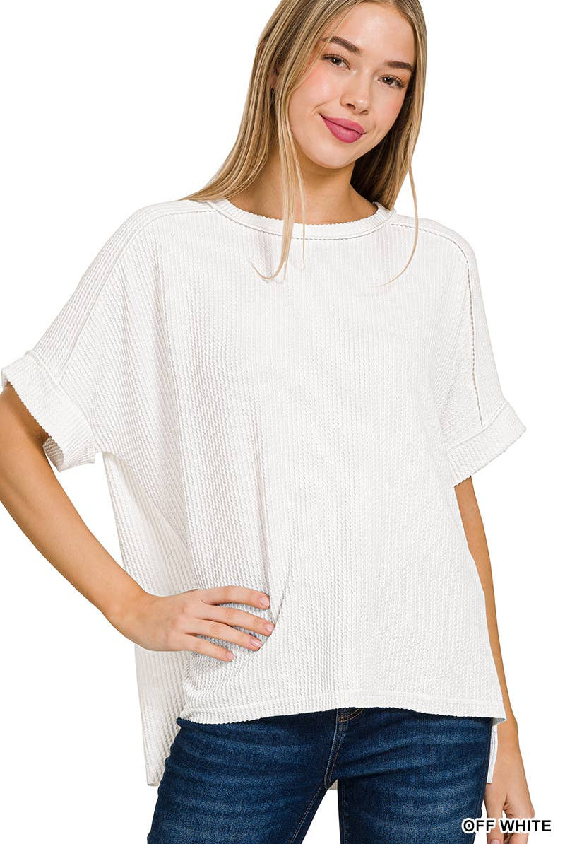 Corded Rib Short Cuff Sleeve Raw Edge Top-TOP-Stuffology Boutique-Stuffology - Where Vintage Meets Modern, A Boutique for Real Women in Crosbyton, TX