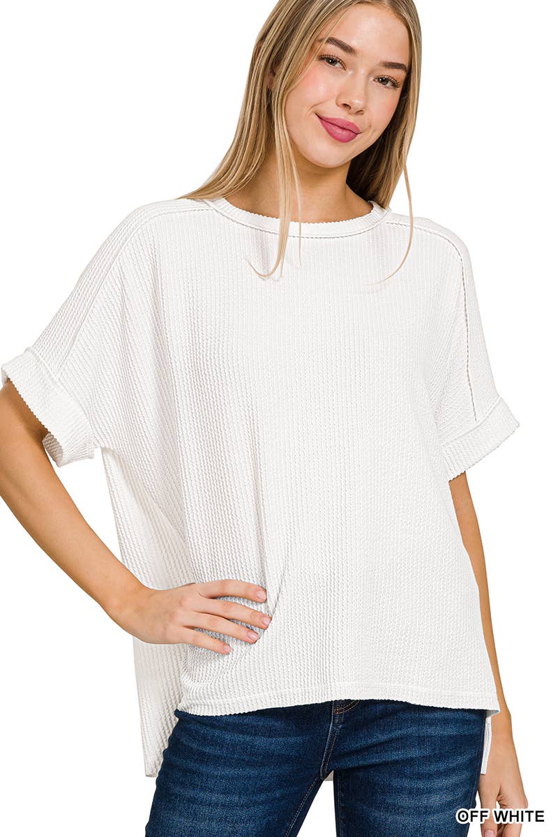 Corded Rib Short Cuff Sleeve Raw Edge Top-TOP-Stuffology Boutique-Stuffology - Where Vintage Meets Modern, A Boutique for Real Women in Crosbyton, TX