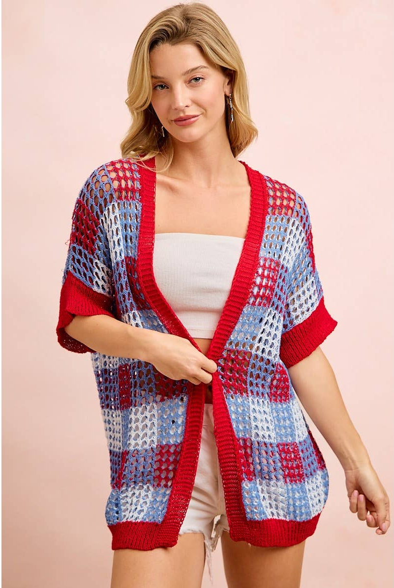 Checker Board Open Knit Cardigan-Cardigan-BiBi-Stuffology - Where Vintage Meets Modern, A Boutique for Real Women in Crosbyton, TX