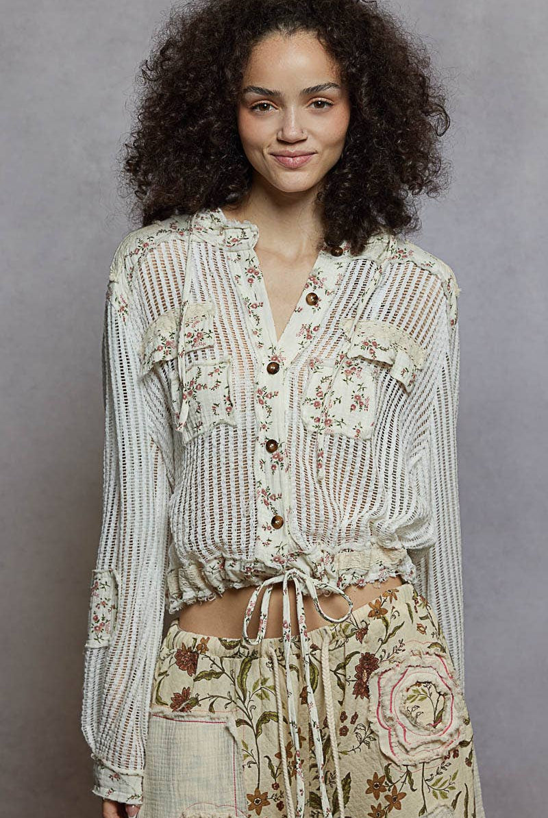 Cream Vintage Washed Floral Print Hoodie Jacket-Jackets-Pol Clothing-Stuffology - Where Vintage Meets Modern, A Boutique for Real Women in Crosbyton, TX