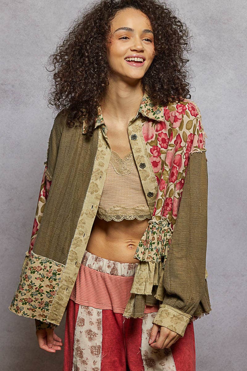 POL Clothing - Long sleeve double gauze patchwork shirred ruffle shirts-Pol Clothing-Stuffology - Where Vintage Meets Modern, A Boutique for Real Women in Crosbyton, TX