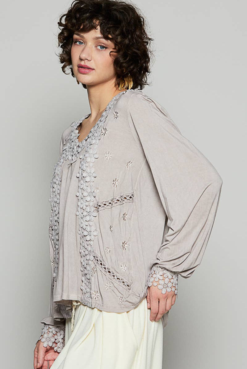 Long Sleeve Contrast Floral Lace Crochet V-Neck Top-Pol Clothing-Stuffology - Where Vintage Meets Modern, A Boutique for Real Women in Crosbyton, TX