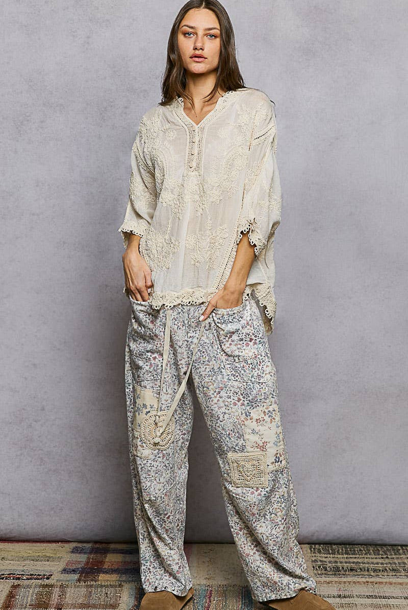 POL Clothing V-neck Short Sleeve Floral Embroidered Crochet Blouse Top-Crochet Top-Pol Clothing-Stuffology - Where Vintage Meets Modern, A Boutique for Real Women in Crosbyton, TX