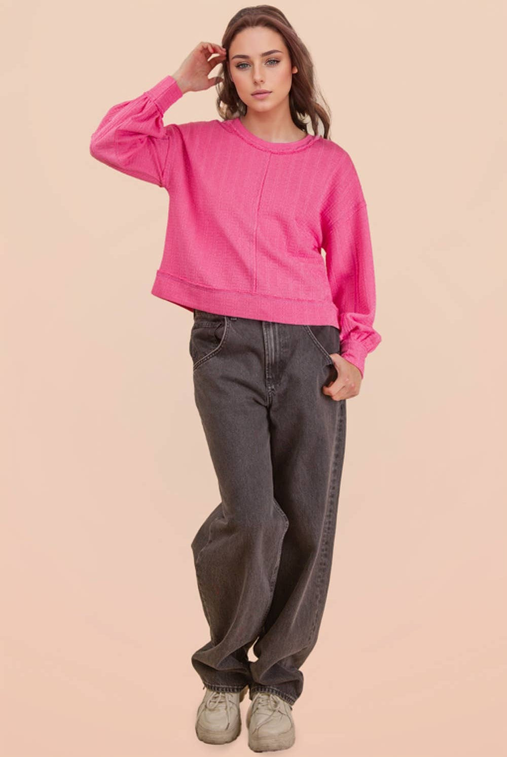 Raw Edge Detail Oversized Textured Knit Top-Top-VERY J-Stuffology - Where Vintage Meets Modern, A Boutique for Real Women in Crosbyton, TX