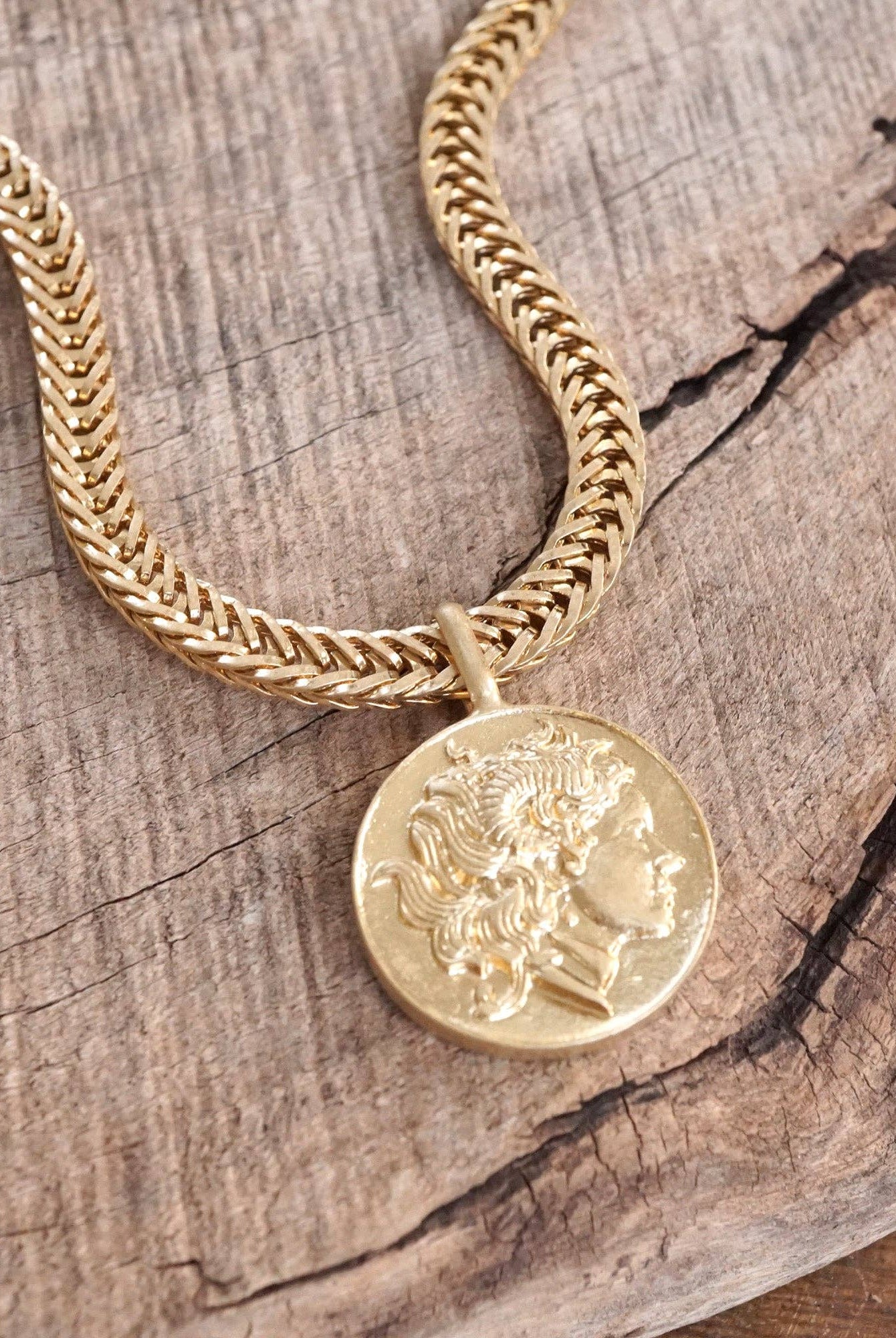 Coin Statement Chain Necklace in Worn Gold Tone-Necklaces-PennyLine inc-Stuffology - Where Vintage Meets Modern, A Boutique for Real Women in Crosbyton, TX