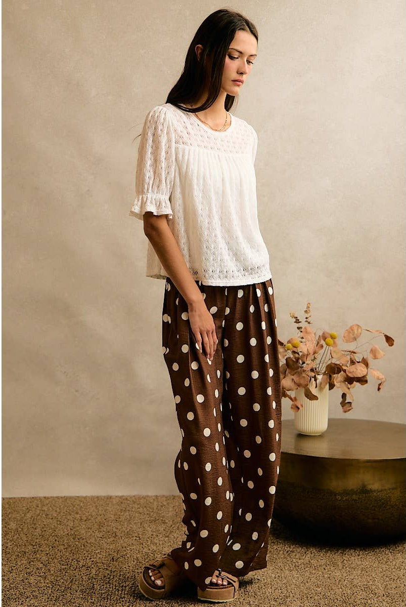 POLKA DOT CREPE SMOCKED POCKET WIDE LEG PANTS-So Me-Stuffology - Where Vintage Meets Modern, A Boutique for Real Women in Crosbyton, TX