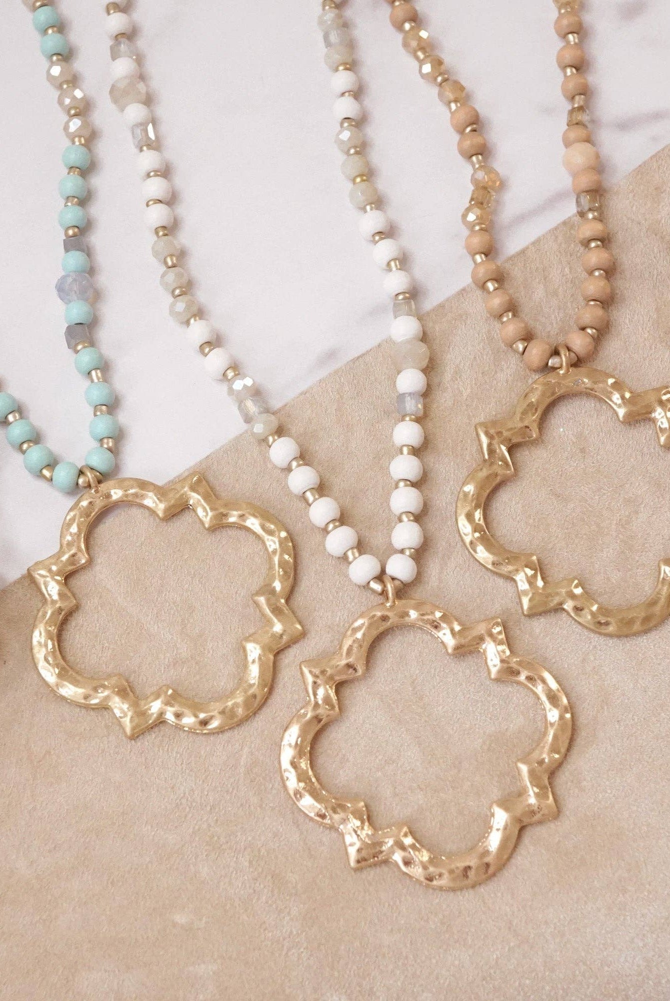 Long Wooden Bead Necklace with Clover Quatrefoil gold pendant - Ivory Cream-PennyLine inc-Stuffology - Where Vintage Meets Modern, A Boutique for Real Women in Crosbyton, TX