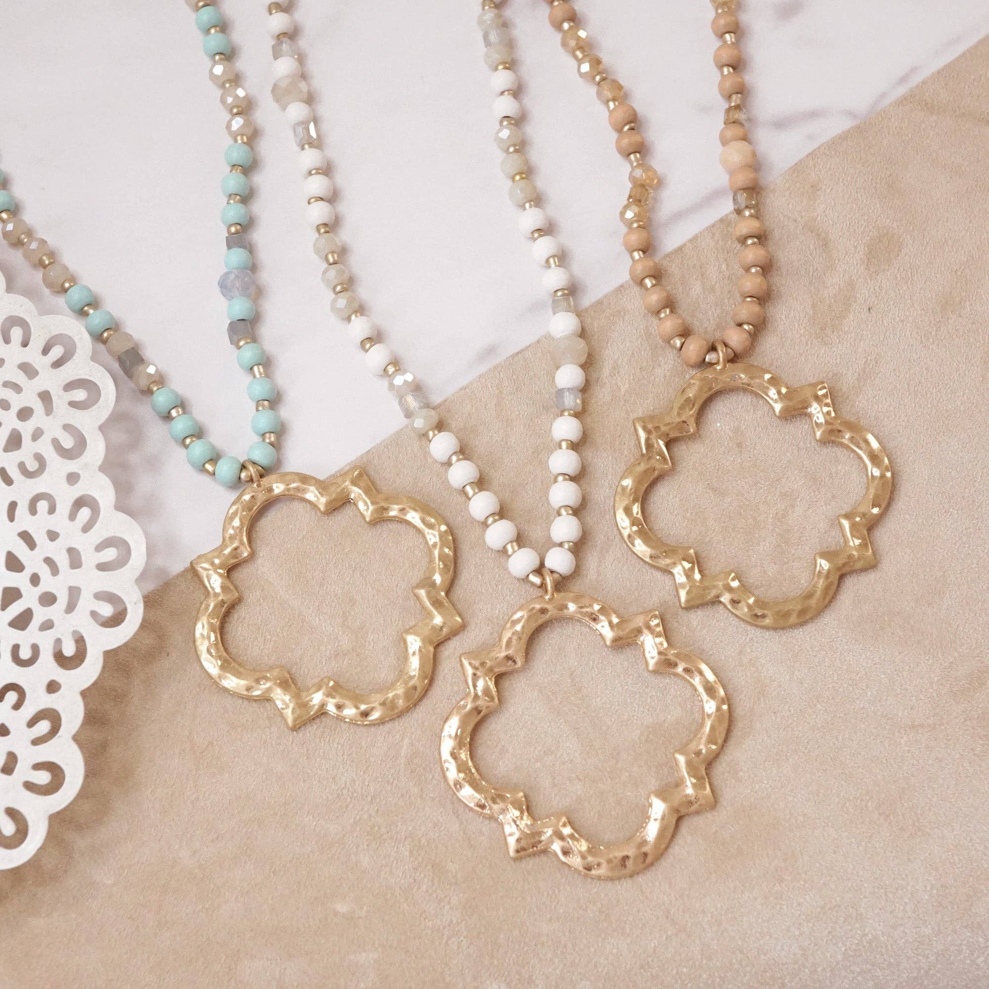 Long Wooden Bead Necklace with Clover Quatrefoil gold pendant - Ivory Cream-Necklaces-PennyLine inc-Stuffology - Where Vintage Meets Modern, A Boutique for Real Women in Crosbyton, TX