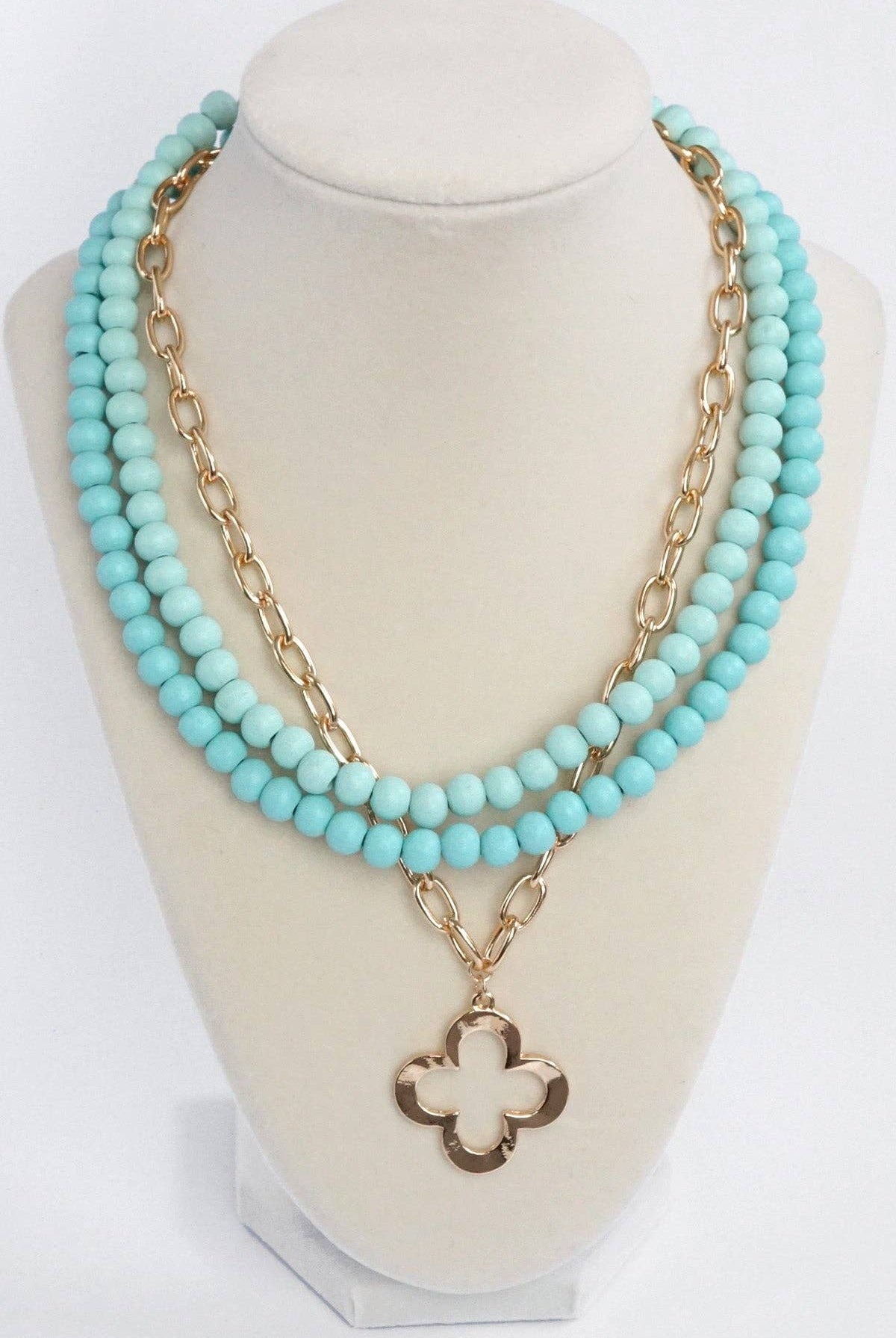 Short Necklace Wooden Beads Clover paperclip chain - Green-PennyLine inc-Stuffology - Where Vintage Meets Modern, A Boutique for Real Women in Crosbyton, TX