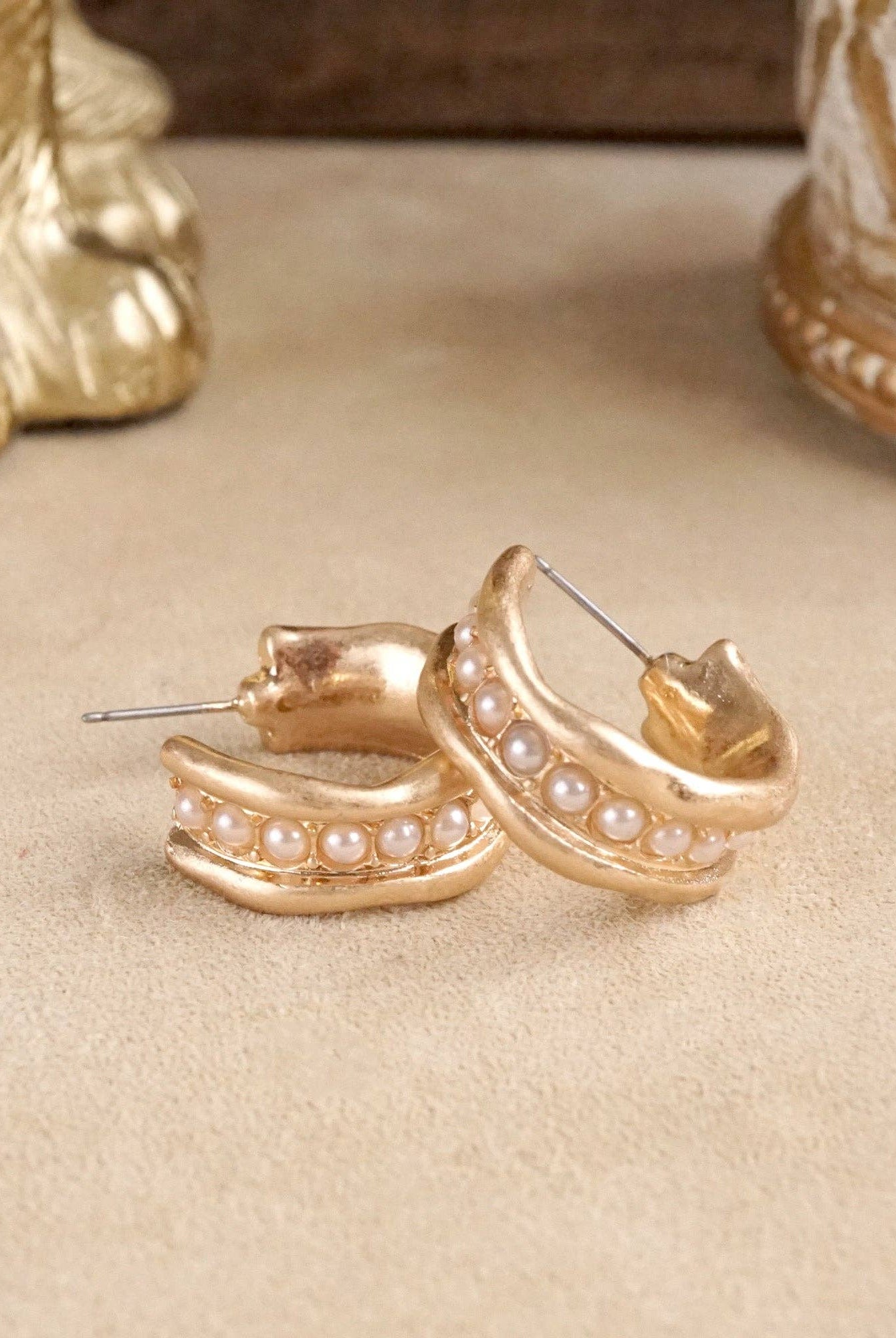 Minimalist Hoops with Faux Pearls or Turquoise – Brushed Gold-Earrings-PennyLine inc-Stuffology - Where Vintage Meets Modern, A Boutique for Real Women in Crosbyton, TX