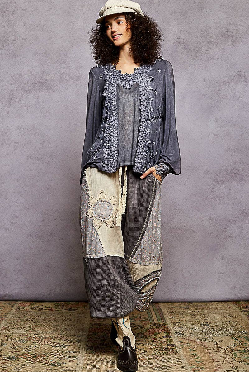 Long Sleeve Contrast Floral Lace Crochet V-Neck Top-Pol Clothing-Stuffology - Where Vintage Meets Modern, A Boutique for Real Women in Crosbyton, TX