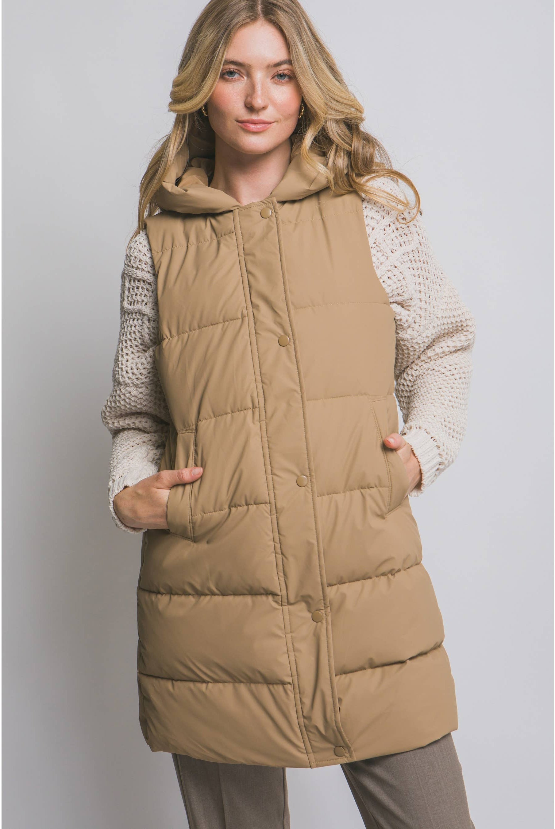 Hooded Long Quilted Puffer Vest w Zip Snap Closure-HiteJeans-Stuffology - Where Vintage Meets Modern, A Boutique for Real Women in Crosbyton, TX