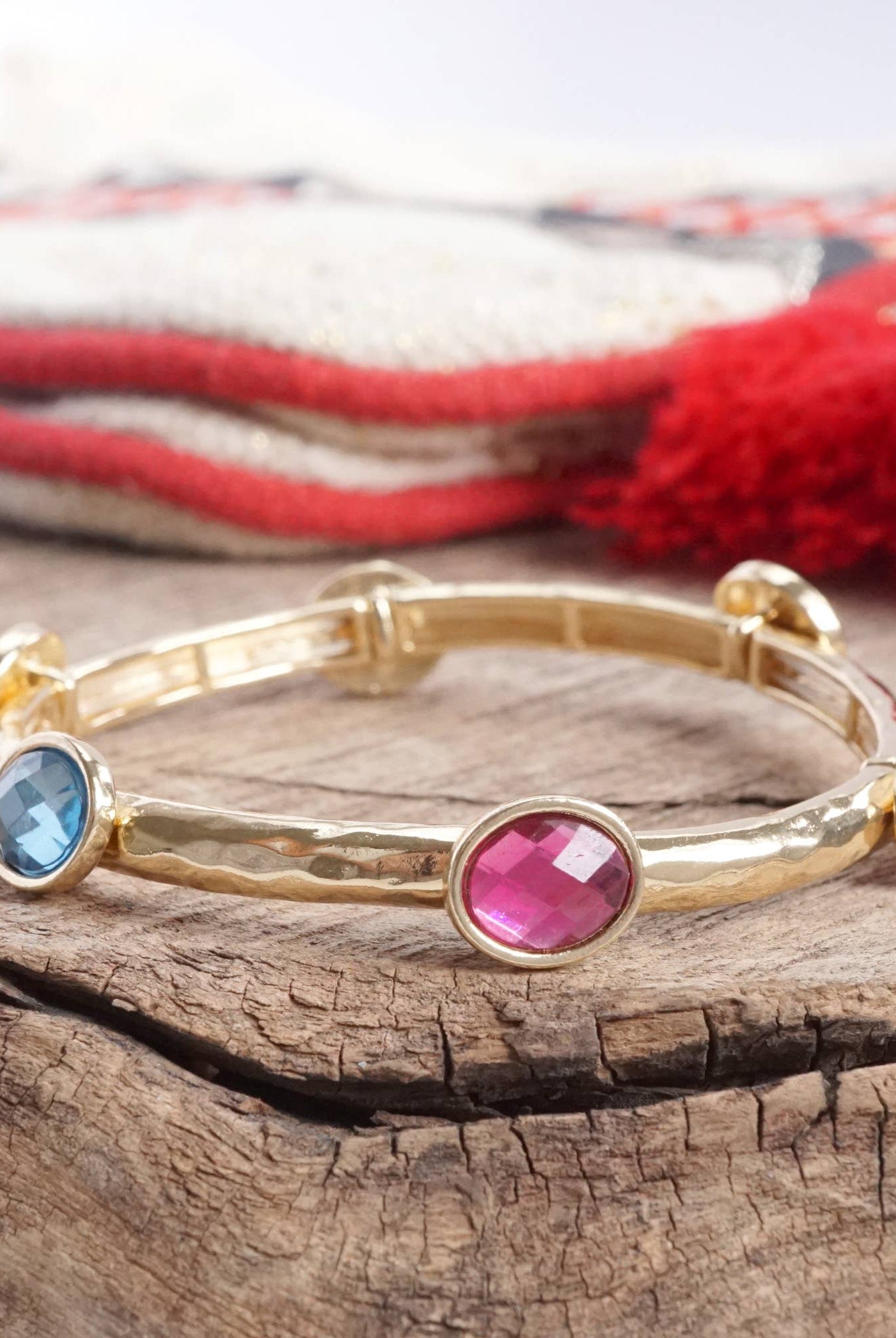 Jeweled Golden Bangle - with Faceted glass oval colorful jewels-Bracelets-PennyLine inc-Stuffology - Where Vintage Meets Modern, A Boutique for Real Women in Crosbyton, TX