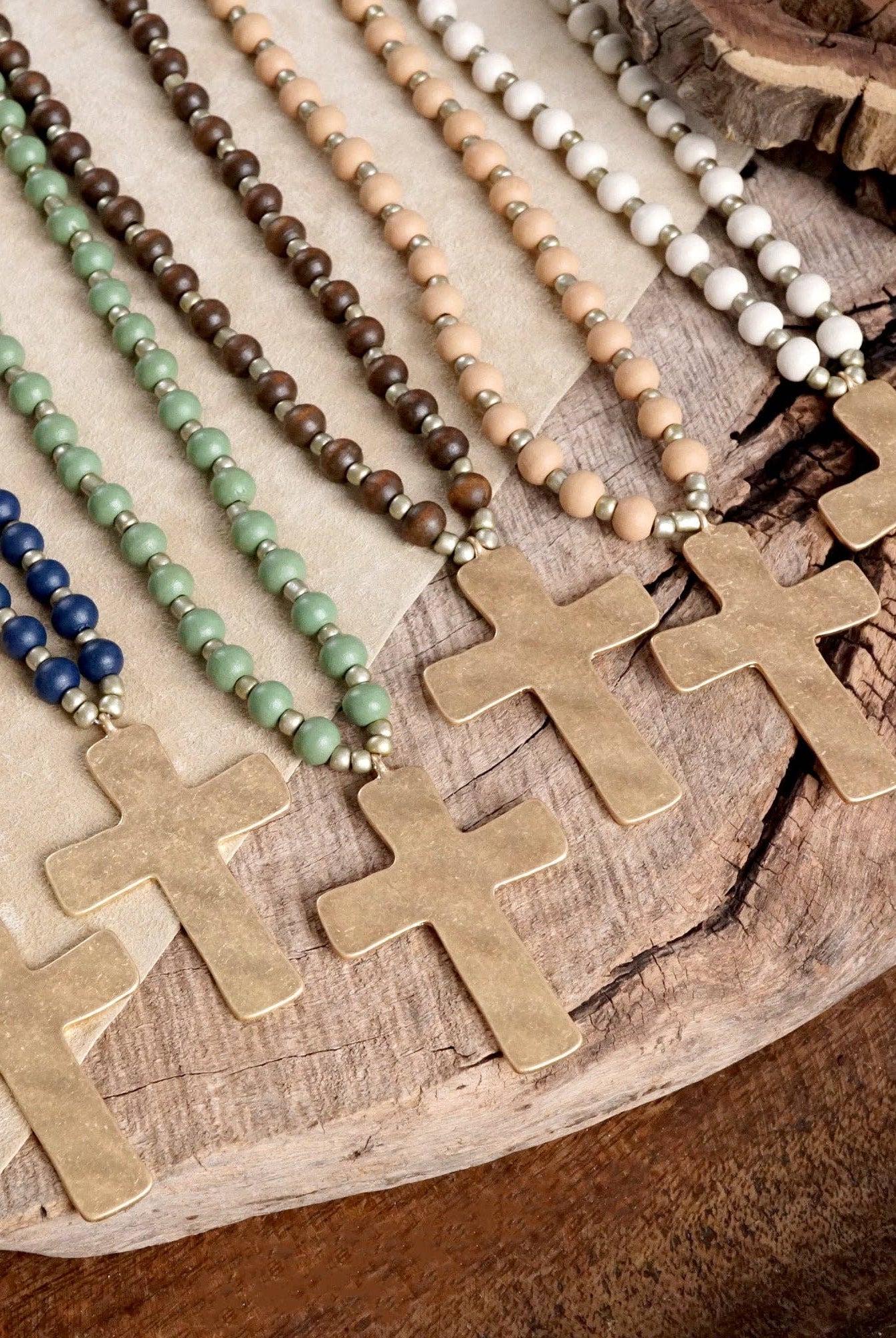 Long Wooden Bead Necklace with Gold Cross-Necklaces-PennyLine inc-Stuffology - Where Vintage Meets Modern, A Boutique for Real Women in Crosbyton, TX