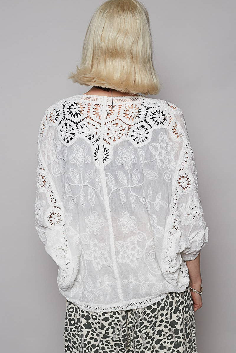 V-neck crochet woven roomy fit cardigan top-Gauze Cardigan-Pol Clothing-Stuffology - Where Vintage Meets Modern, A Boutique for Real Women in Crosbyton, TX