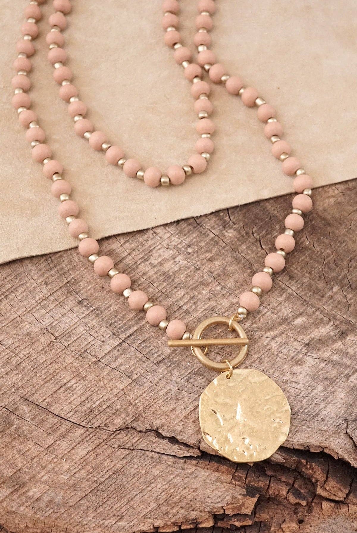 Multi Strand Wooden Beads Short Coin Necklace in Pink and Gold-PennyLine inc-Stuffology - Where Vintage Meets Modern, A Boutique for Real Women in Crosbyton, TX